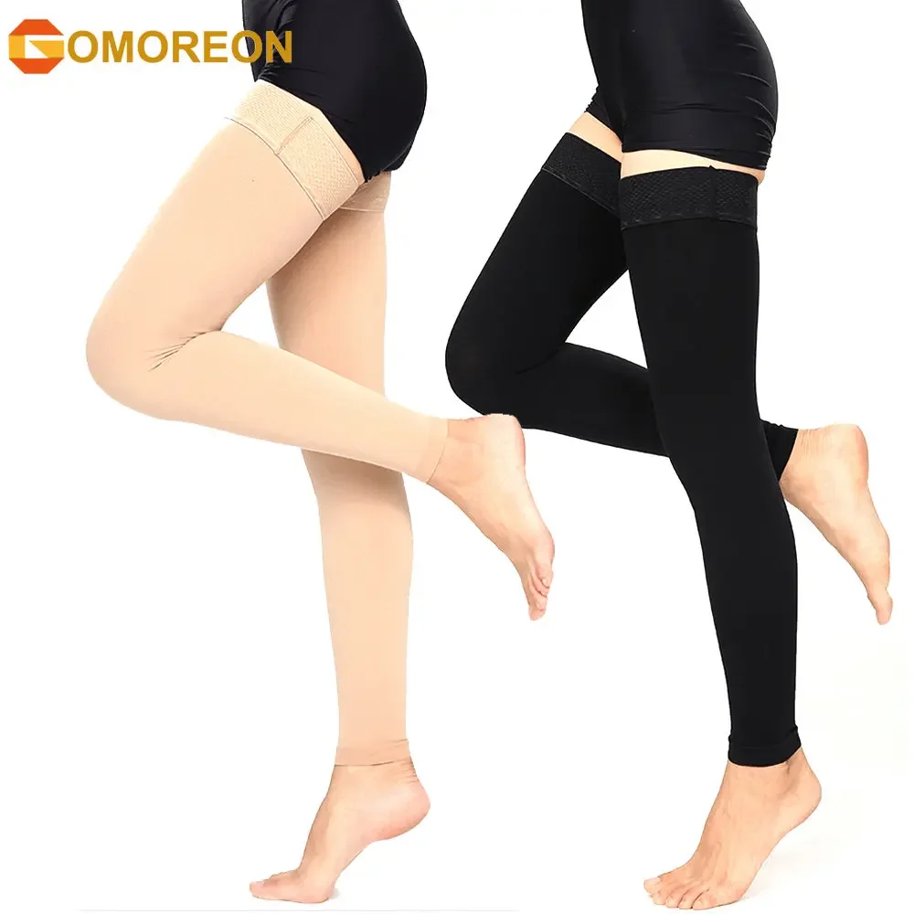 GOMOREON 1Pair Thigh High Footless Compression Sleeves with Silicone Band for Women & Men, Firm 20-30 mmHg Graduated Support