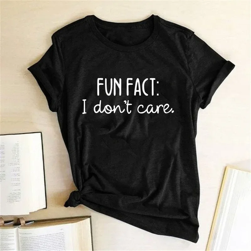 Camiseta de Mujer con Estampado "FUN FACT I DON'T CARE", Manga Corta, Cuello Redondo, Estilo Holgado, Moda Harajuku Kawaii, Ropa Y2K para Mujer