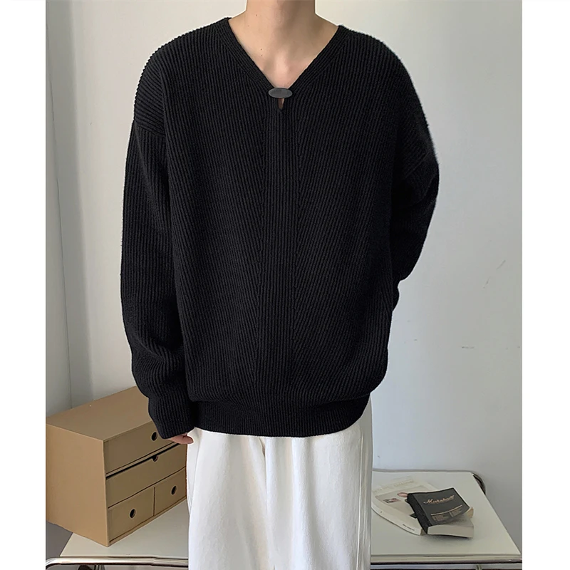 [OIMG] Lazy Solid V-Neck Knit Shirt For Men's Korean Version Of Abstinence Series Small Crowd Pullover