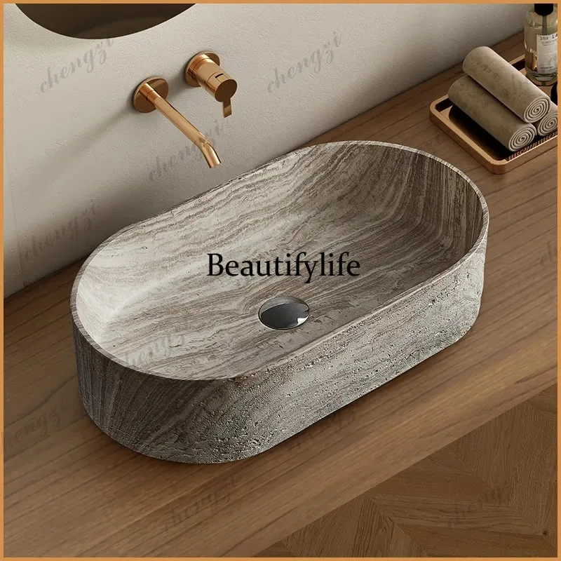 K153  Medieval wabi-sabi style travertine platform basin retro homestay hotel column wash basin home hotel homestay