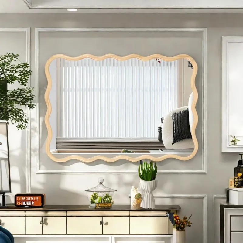 Solid wood wavy rectangular mirror, modern style wall decoration, suitable for bathroom, bedroom, living room, dining room
