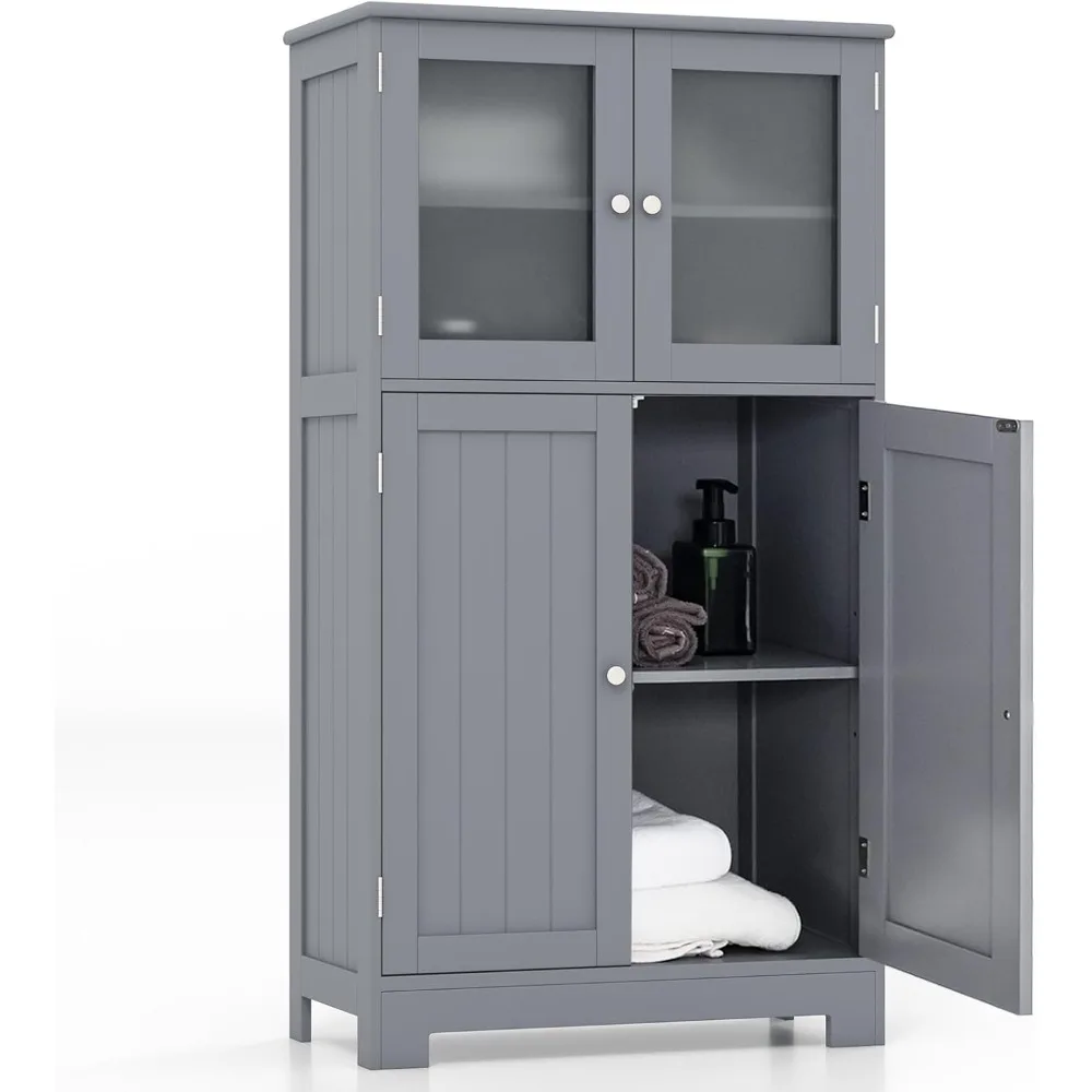 

Bathroom Floor Cabinet, Freestanding Storage Cabinet w/Glass Doors, Wood Kitchen Cupboard w/Adjustable Shelf