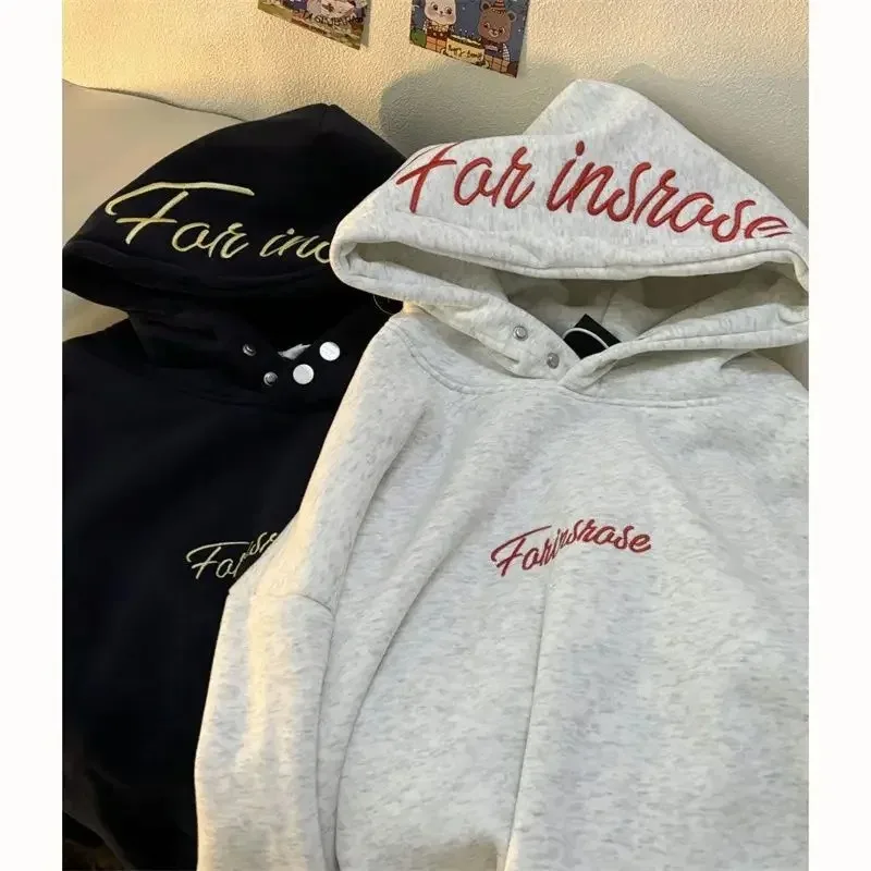 

Letter Embroidery High Quality Button Hoodie Sweatshirt Men And Women Y2k American Retro New Trend Loose Oversize Streewear
