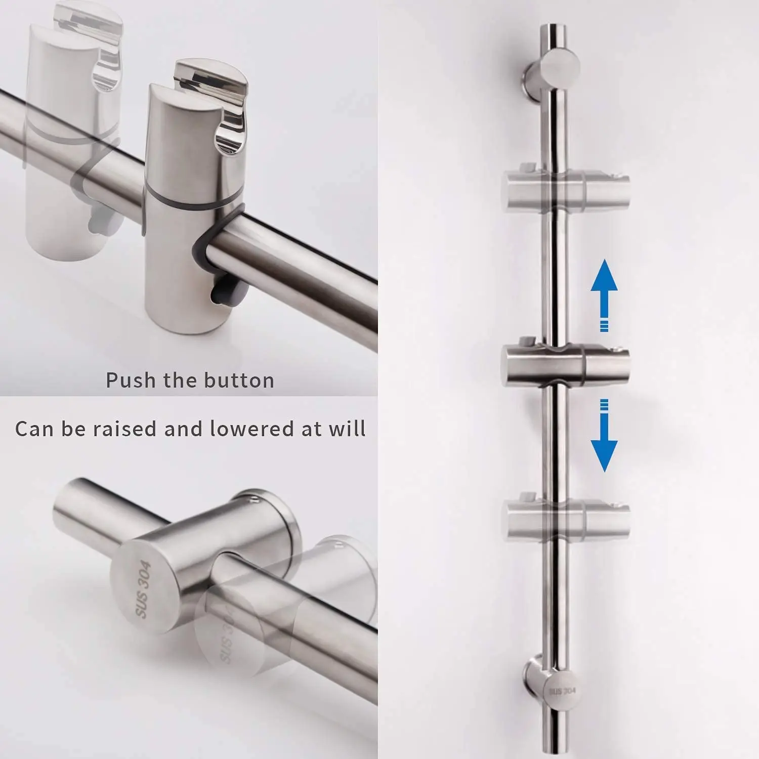 304 Stainless Steel Shower Slide Bars Adjustable Shower Slide Bar,  For Handheld Shower Wall Mount, No Punching Shower Lifter