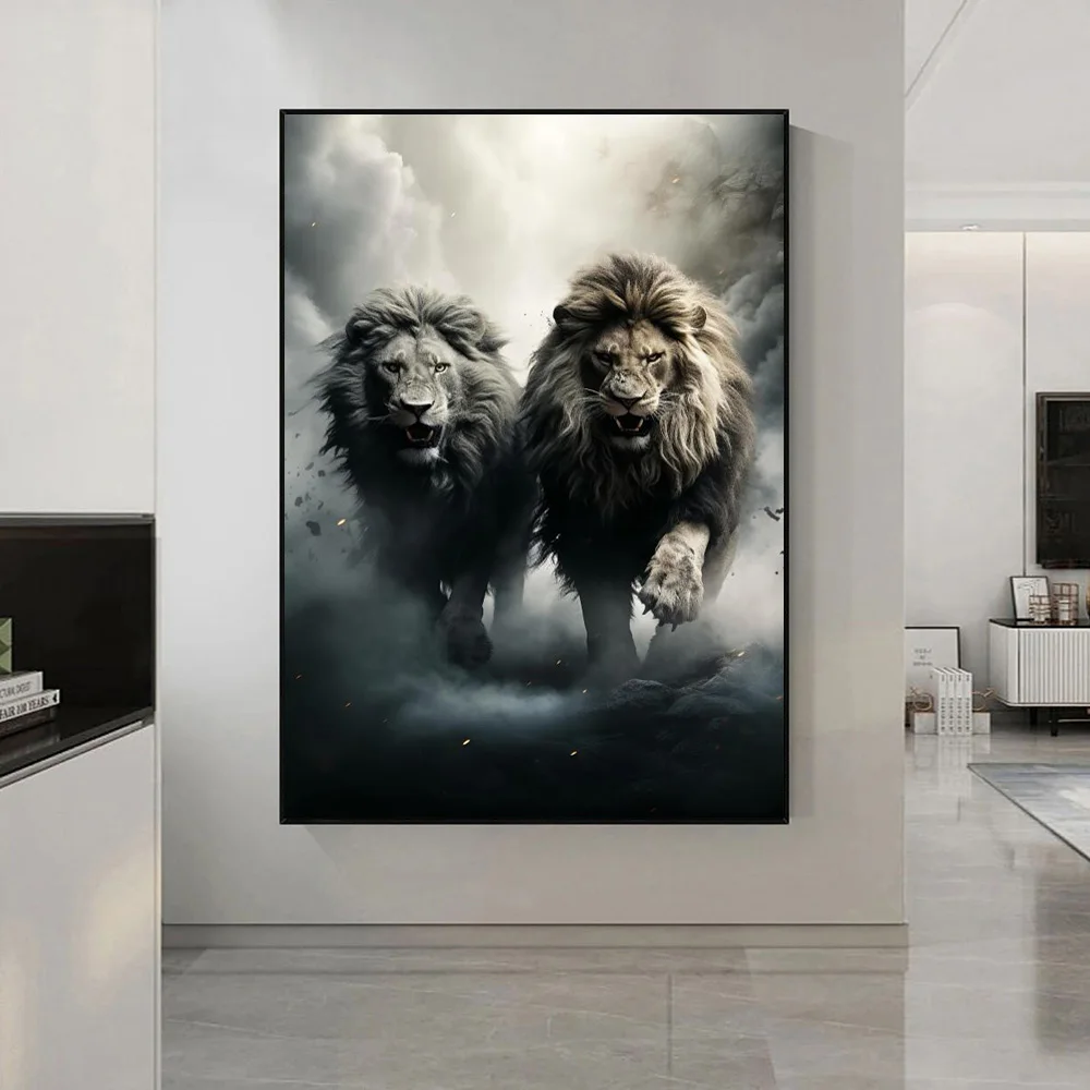 Black White Roaring Lion Brother Posters And Prints Home Decor Wall Art Angry Wild Beast Animal Canvas Painting For Living Room