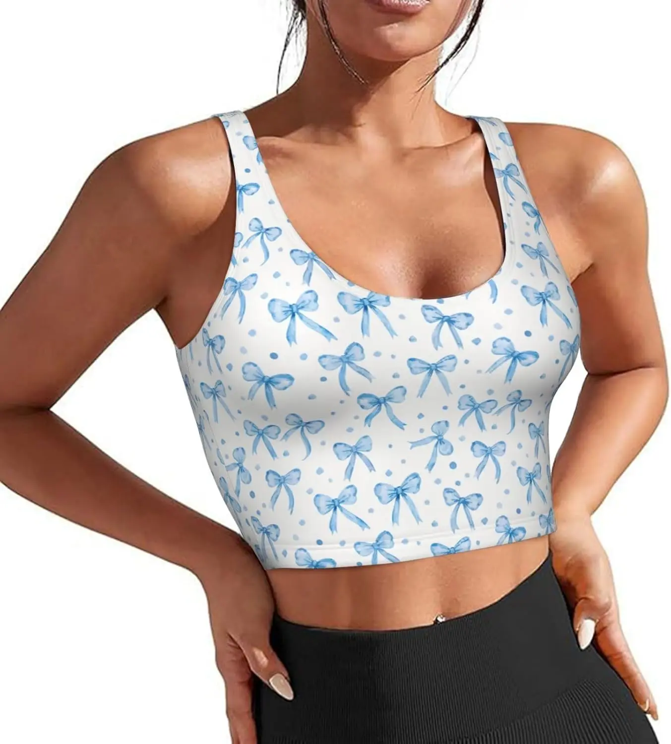 Lovely Blue Bows Sports Bras for Women Built in Bra Tank Tops Longline Wirefree Workout Running Bra with Removable Pads