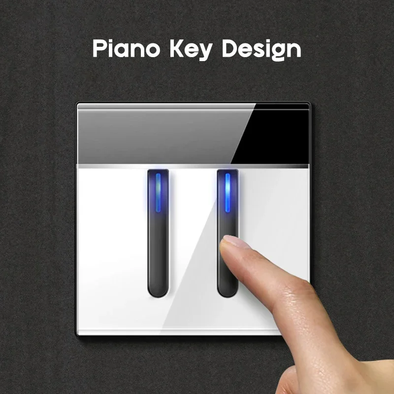 YINKA Toughened Glass Panel Wall Light Switch Self-reset 1-4 Gang  1 2 Way LED Indicator Piano Key Design Wall Mounted Switch TV