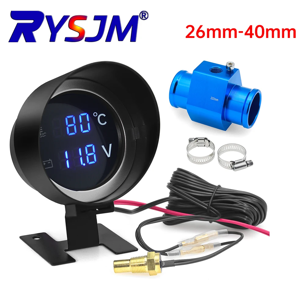 Led Digital Car Truck Water Temp Gauge Temperature Sensor + Voltmeter Volt Voltage Meter 2 in 1 with 26mm-40mm Joint Pipe Sensor