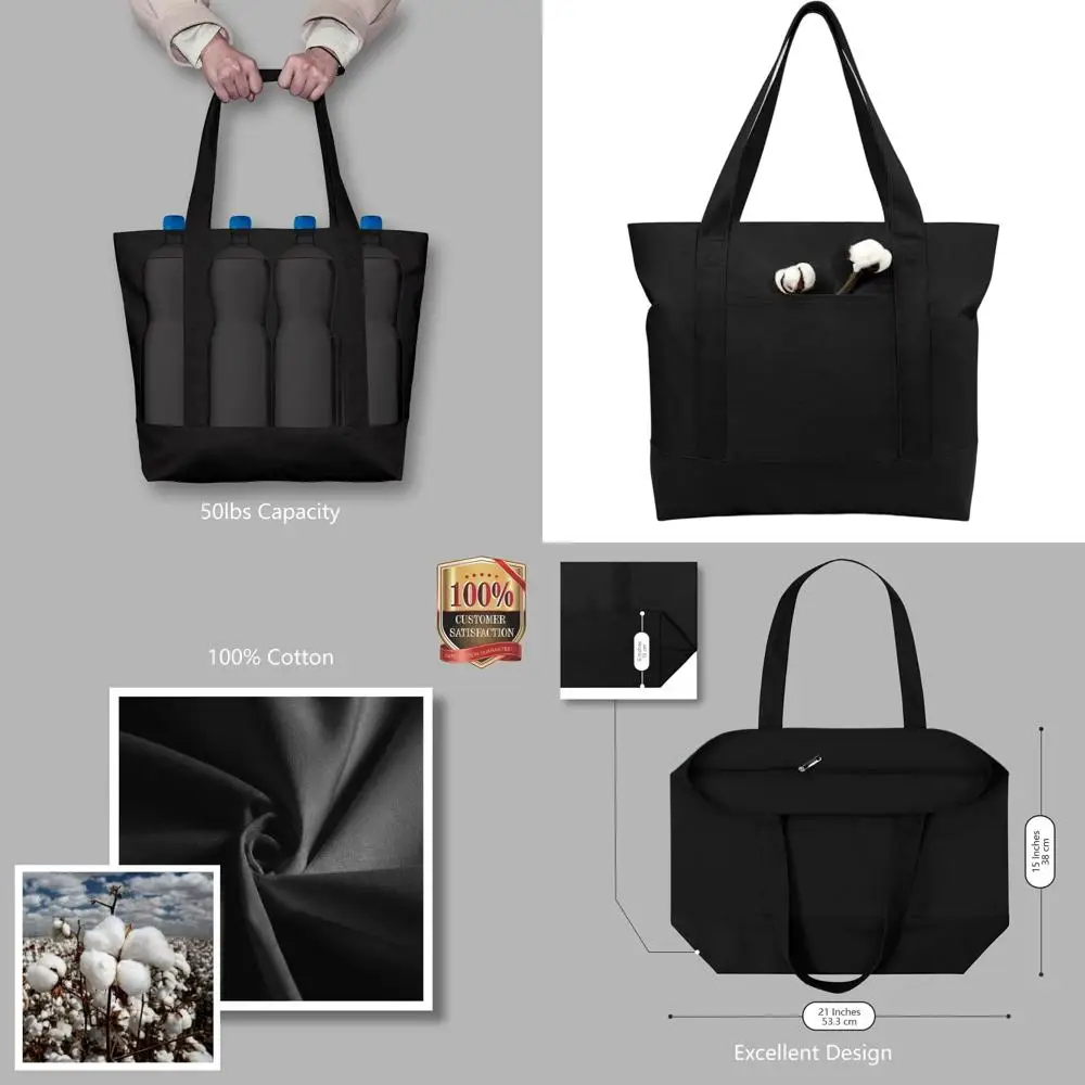 

Набор из 6 холщовых сумок-тоутов с внешним карманом, многоразовые сумки для продуктов, с верхней застежкой-молнией для повседневных предметов первой необходимости (черные)