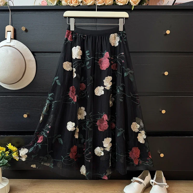 Kimotimo Vintage Embroidery Flower Mesh Patchwork Skirt Women 2025 Spring High Waist Pleated Big Swing Midi Skirts Fashion Skort