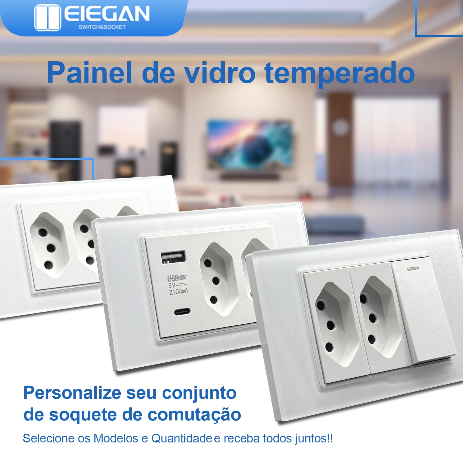 ELEGAN 118mm White Brazil Tempered Glass Standard Outlet Dual Usb Type C Wall Socket Light Switch Switzerland 10A 20A Home decor