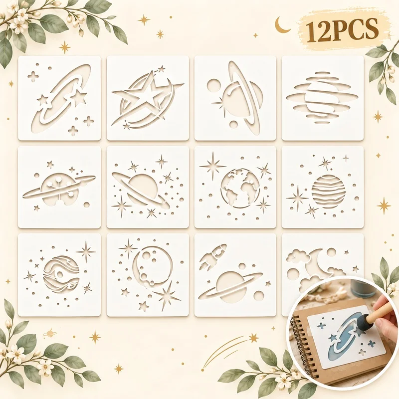 12Pcs Space Planet Stencils Reusable PET Stencils for Painting Star Moon Rocket Craft Templates Wall Wood Fabric DIY Decor