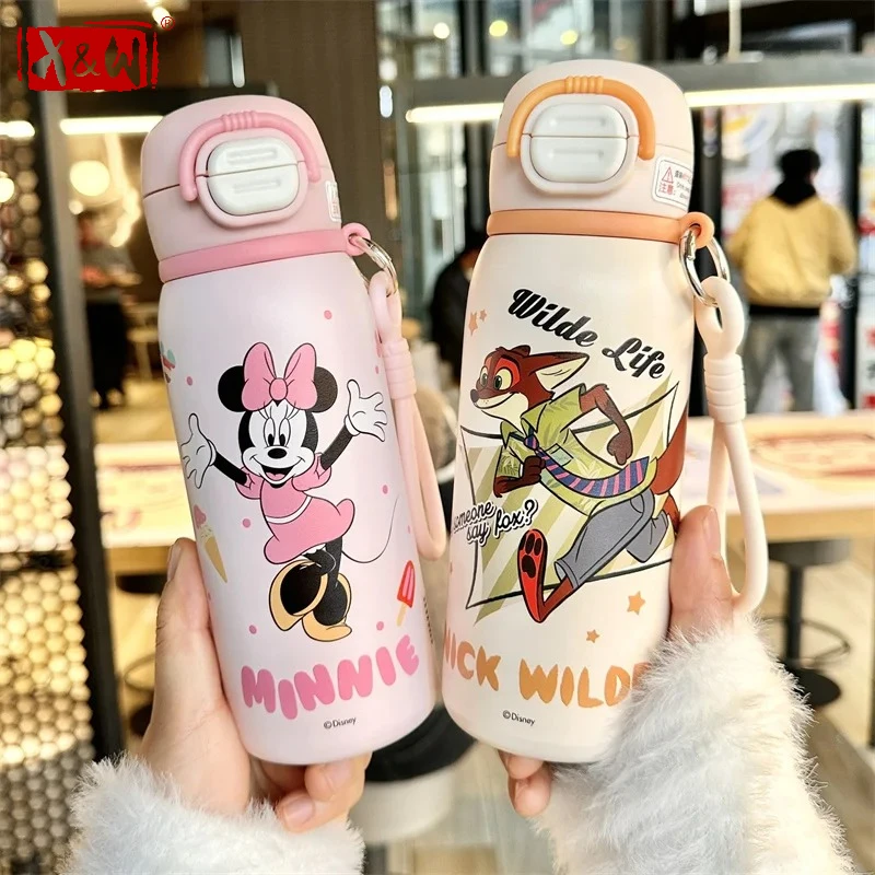 X&W Disney 500ml Children Insulated Water Cup 316 Stainless Steel Judy Nick Vaccum Flask Outdoor Straw Water Bottles for Student