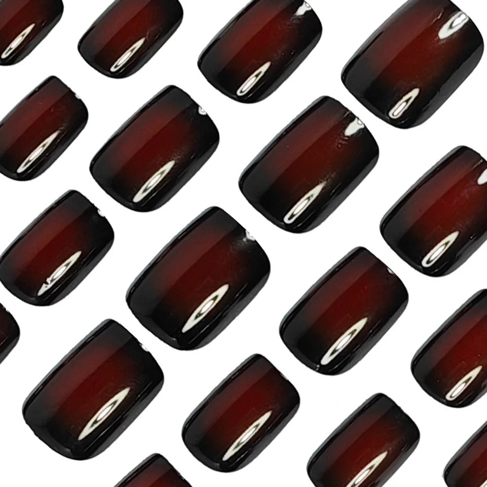 Uñas postizas cuadradas cortas para mujer, con degradado negro, rojo, rosa y rubor, estilo francés, cubierta completa, acrílicas 3