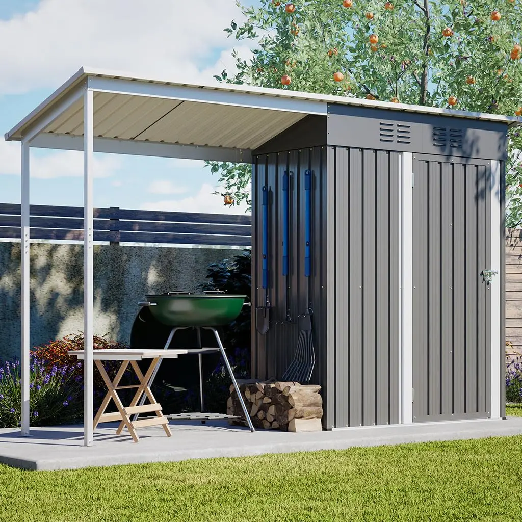3x10FT Metal Shed & Pergola Combo, Steel Storage with Lockable Door & Weather Roof for Garden, Patio, Tools, Bikes, Customized