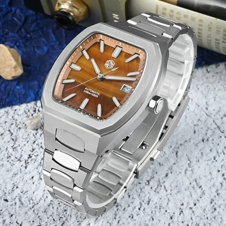 San Martin Men Automatic Watch 39.5MM Tonneau Mechanical Wristwatch Mineral Dial Sapphire 10ATM BGW-9 Luminous PT5000 SW200