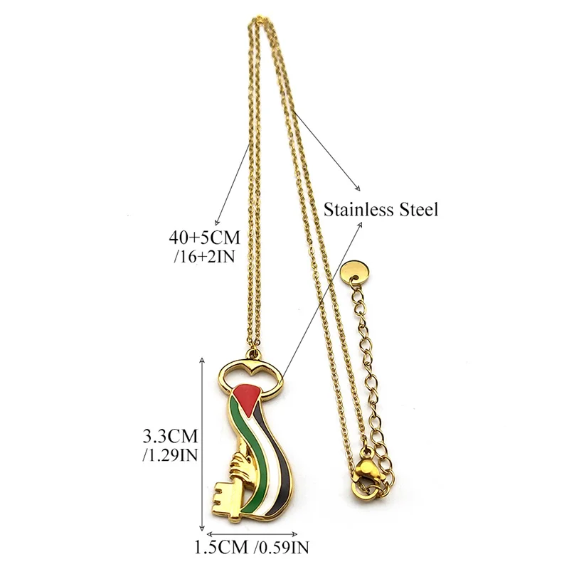 Arabic Palestine Map Flag Key Hand Necklace for Women Men Stainless Steel Enamal Gold Color Chain Jewelry Accessories collar view 6