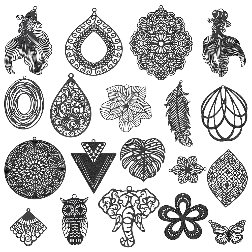 38pcs Stainless Steel Filigree Charms 19 Style 1~2 inch Black Flower Animal Leaf Pendants Filigree Metal Pendant for Steampunk