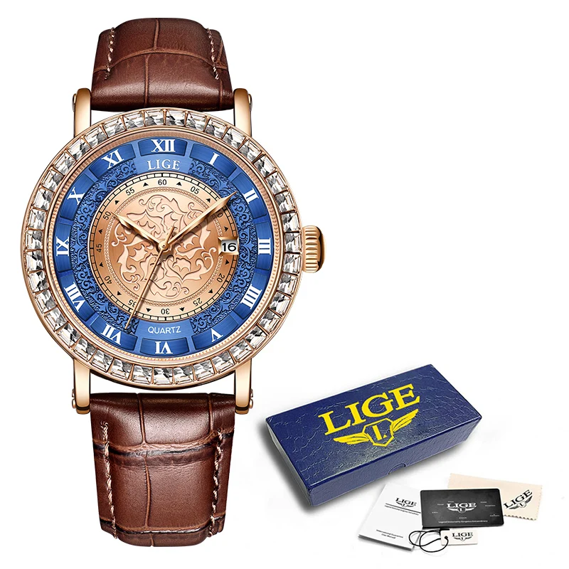 Reloj de cuarzo de lujo con diamantes para mujer, pulsera de cuero, cristal de circón, reloj de pulsera de moda