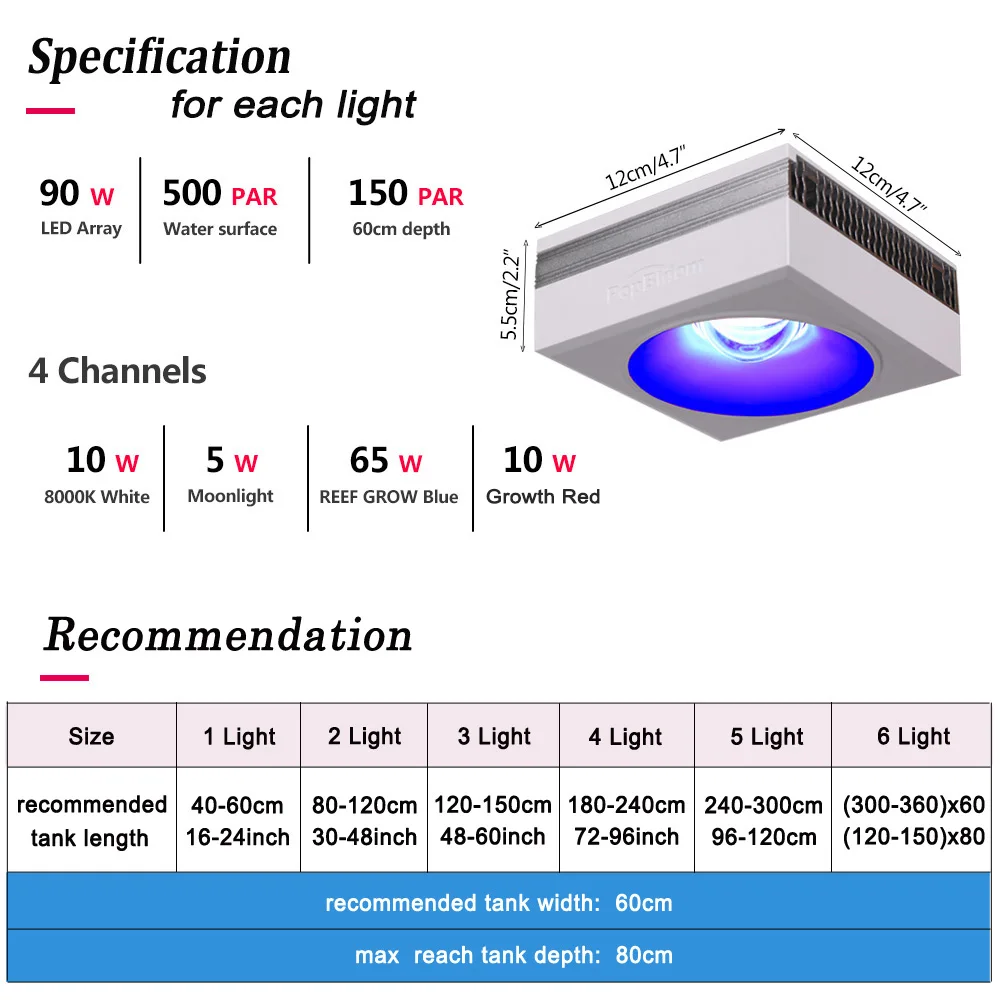 PopBloom 4PCS RL90 Reef LED Light, 400W Reef Aquarium Lighting for 72 inch 6ft Soft/LPS Corals and Saltwater Fish Tanks, Built-in Timer Marine Fish Tank Lamp
