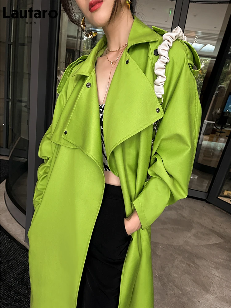 Lautaro Spring Autumn Long Oversized Bright Green Faux Leather Trench Coat for Women Belt Loose Stylish Luxury Designer Clothing