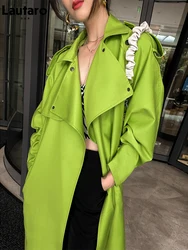 Lautaro Spring Autumn Long Oversized Bright Green Faux Leather Trench Coat for Women Belt Loose Stylish Luxury Designer Clothing