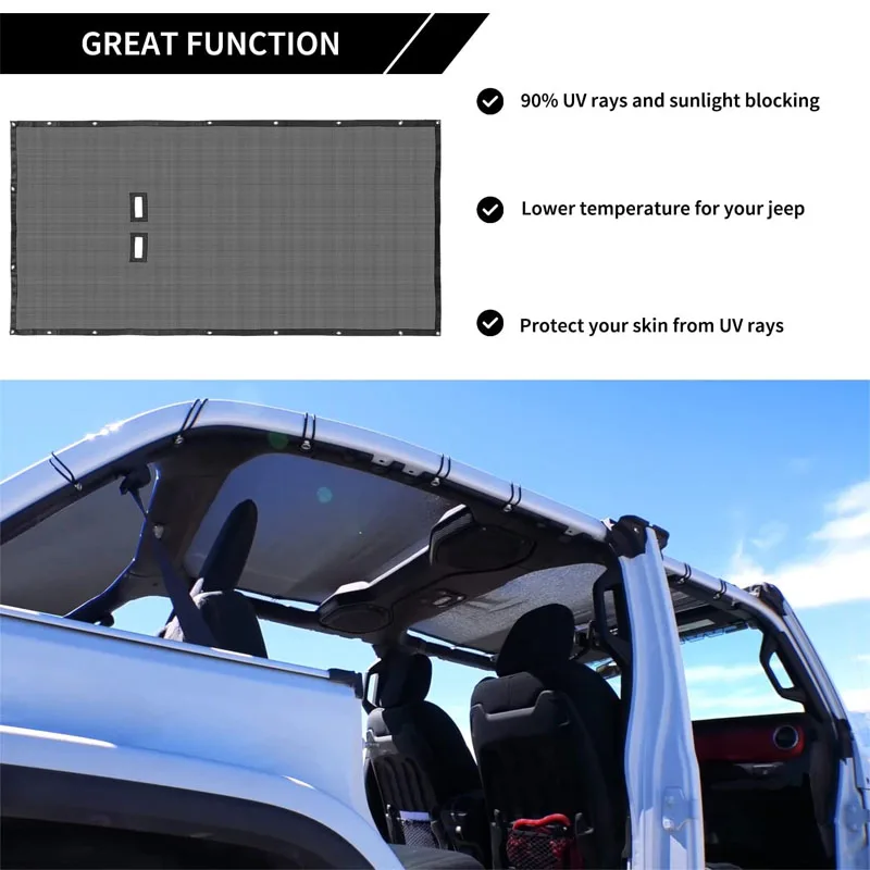 Top Sunshade For Jeep Wrangler 2018-Current JL Unlimited 4 Door Top Sun Shade Mesh Screen Cover Blocks Sunlight, Wind & Noise