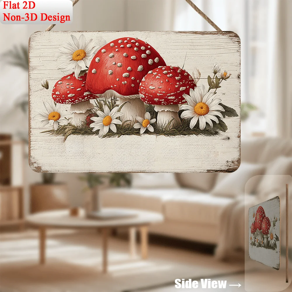 2D Flat,Customizable Sign, Mushroom Rustic  Decoration Sign - Farmhouse Accent with Red And White Toadstools, Perfect for Kitche
