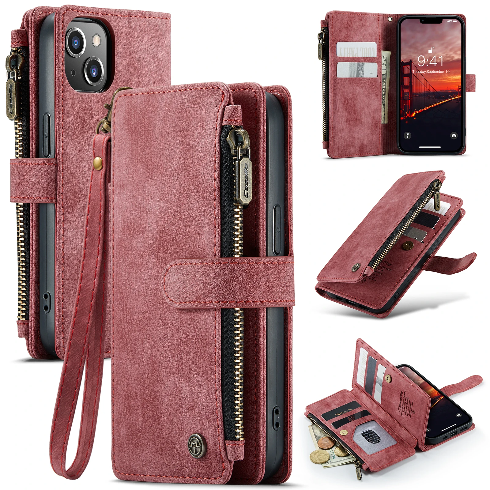 

CaseMe-C30 For iPhone 15 /15 Plus/15 Pro/15 Pro Max Cover Purse Luxury Zipper Multifunctional Flip Wallet Case Shockproof Shell