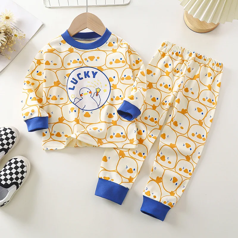 Baby Kids Unisex Casual Pajama Suit Cartoon Print Long Sleeve Tops+ Pants Boys Girls Sleepwear