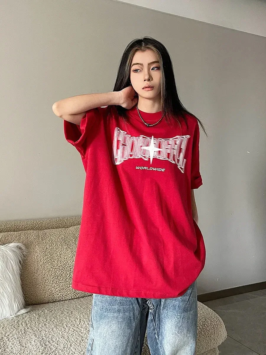 

Streetwear Red short-sleeved T-shirt Vintage Alphabet Star T-shirt Hippie Harajuku black T-shirt for men and women