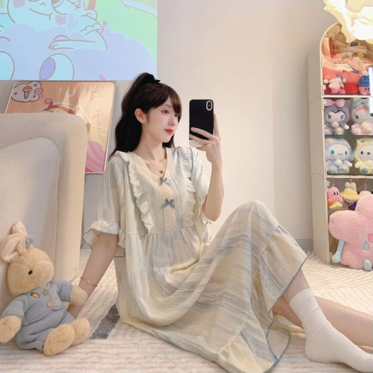 

plus Size Summer Spwear Women's Dr Casual Sweet Home Clothes Can Be Worn outside Korean Sle V-Ne ort Sve Long ...