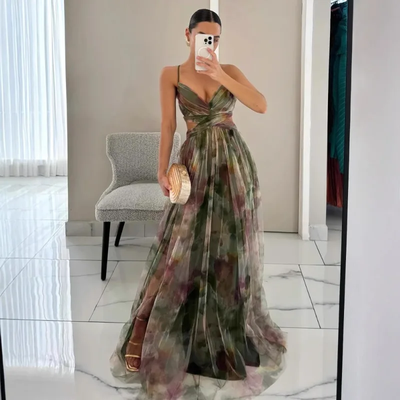 Dress Spaghetti-strap Spring/Summer Women's Tulle Printed Comfortable Casual Niche Fashionable Versatile Designer Distinctive
