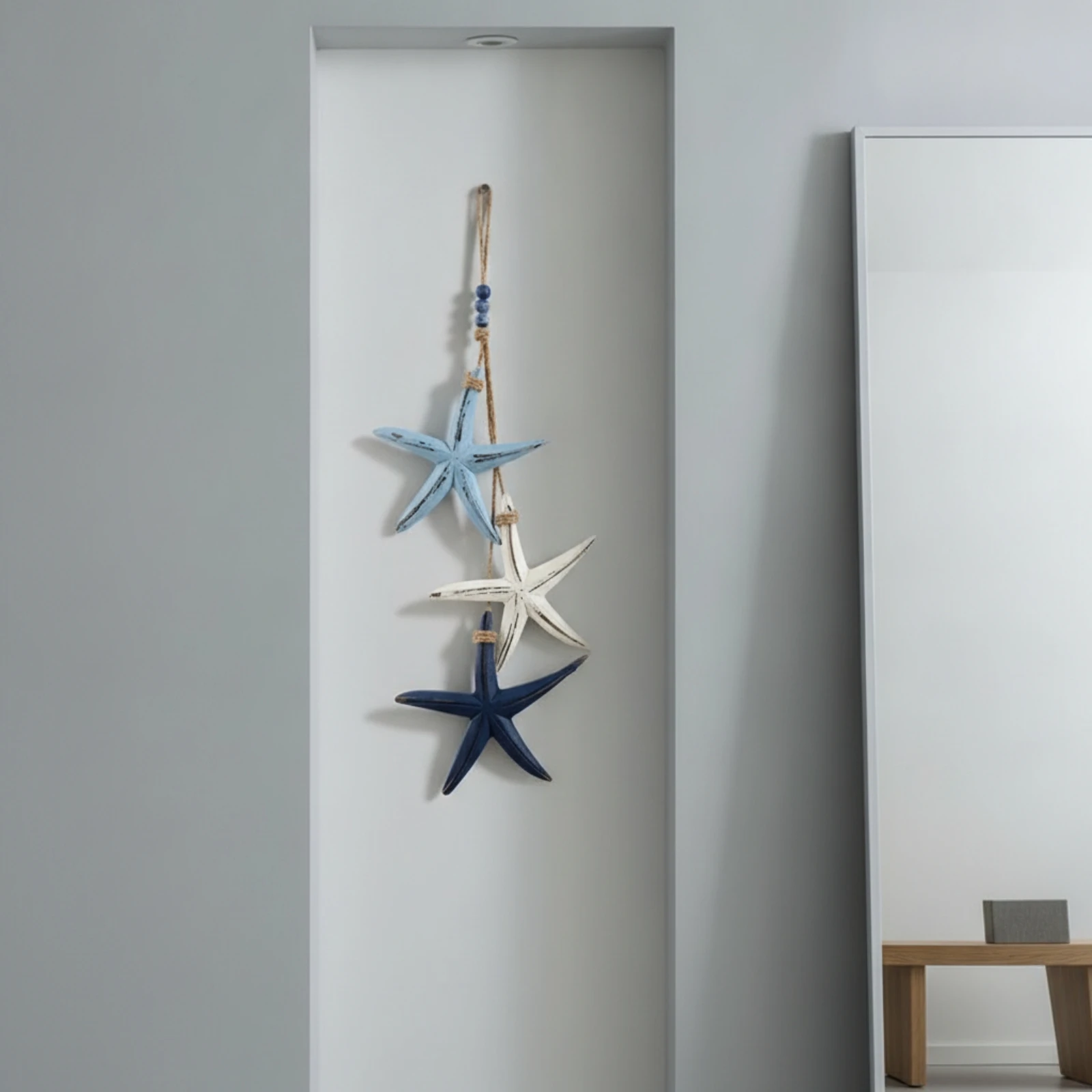 Wooden Sea Star Hanger Ocean Theme Coastal Ornament with Beads Sea Star Ornament Rustic Nautical Hanging Wall Decor Artisanal