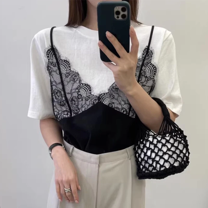 Fake Two Piece Ropa Mujer Contrast Lace Patchwork Tops Loose T Shirt Short Sleeve Camisetas Summer Round Neck Clothes Women