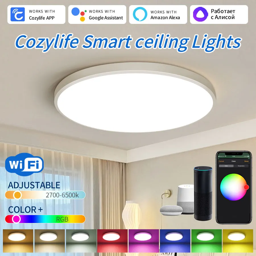 Smart WiFi Ceiling Light RGB CW WW Round 85-265V 24W LED Lamp Cozylife APP Control Works with Alexa Google Home Dimmable