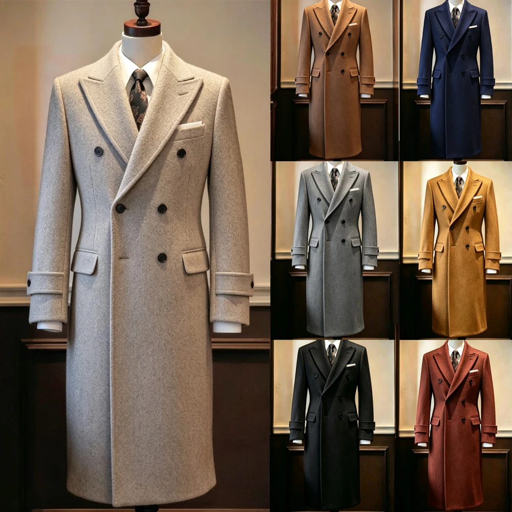 Elegant Men Wool Blend Coat Peaked Lapel Double Breasted Slim Fit Winter Daily Overcoat Mid Length Business Outerwear Custom