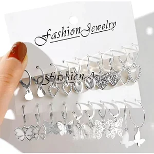 10 pairs female animal butterfly heart earrings set retro simple elegant versatile Custom c buckle ring earring accounts 1 8 Main Sales Earring Butterfly - №4