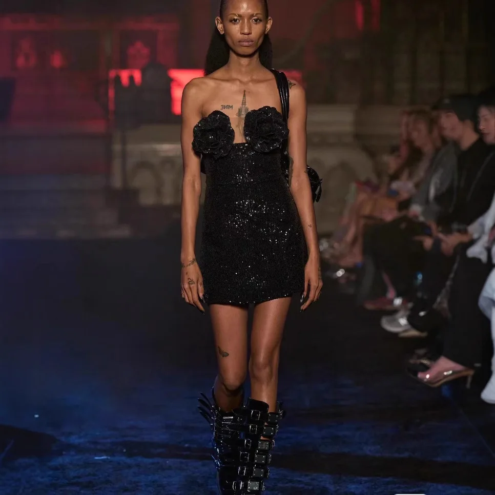 

Сексуальный облегающий топ-бюстье с пайетками и цветочным узором, юбка с завышенной талией, полиэстер, осенняя новинка