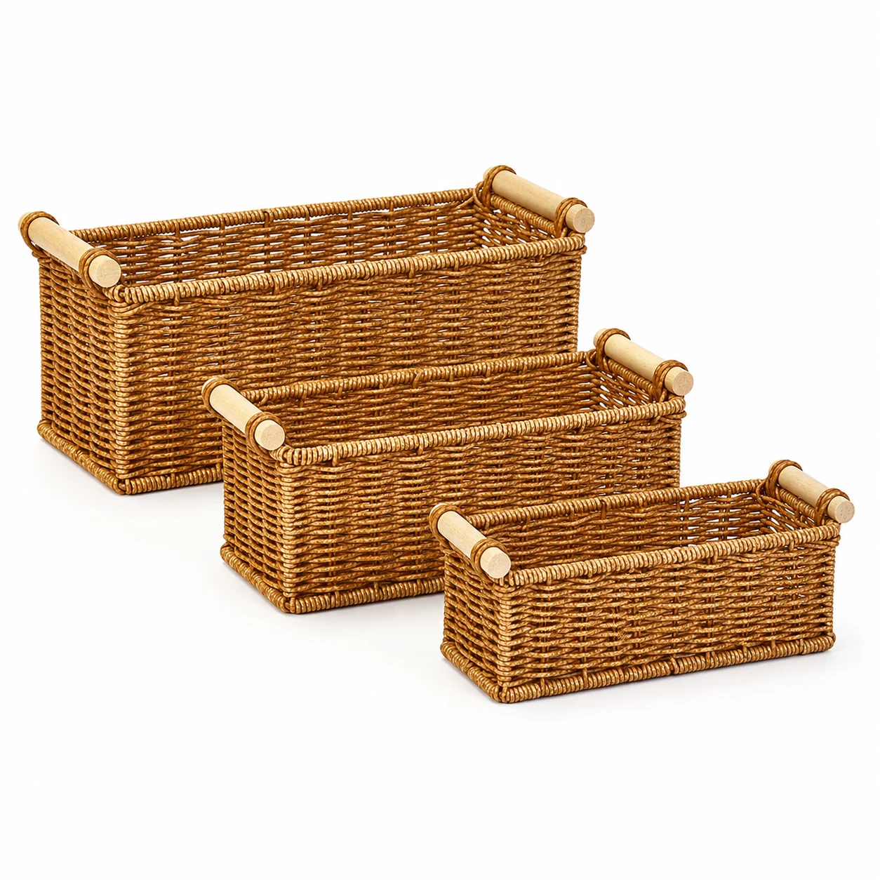 3Pcs Imitation Rattan Storage Basket Set with Wooden Handles, Woven Organizer Bins for Bathroom, Kitchen, Vanity & Home