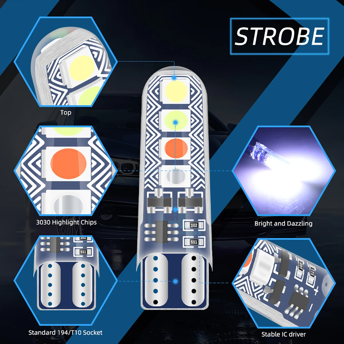 10x T10 W5W RGB LED Strobe Light 3030 Smd 8 LED Car Interior Lighting Reading Bulb Auto Wedge Clearance Light License Plate Lamp