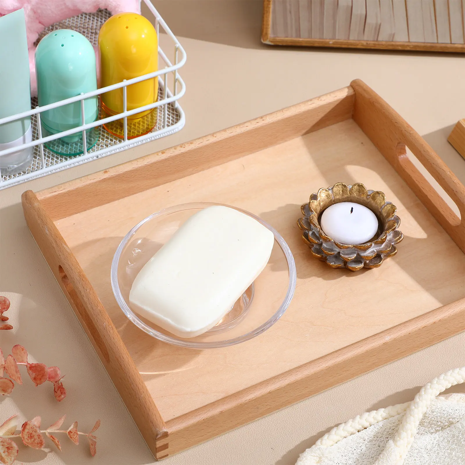 2Pcs Clear Glass Soap Dish Round Transparent Bar Soap Holder Self Draining Bathroom Kitchen Ring Holder Dish Fragrance Oil Bowl