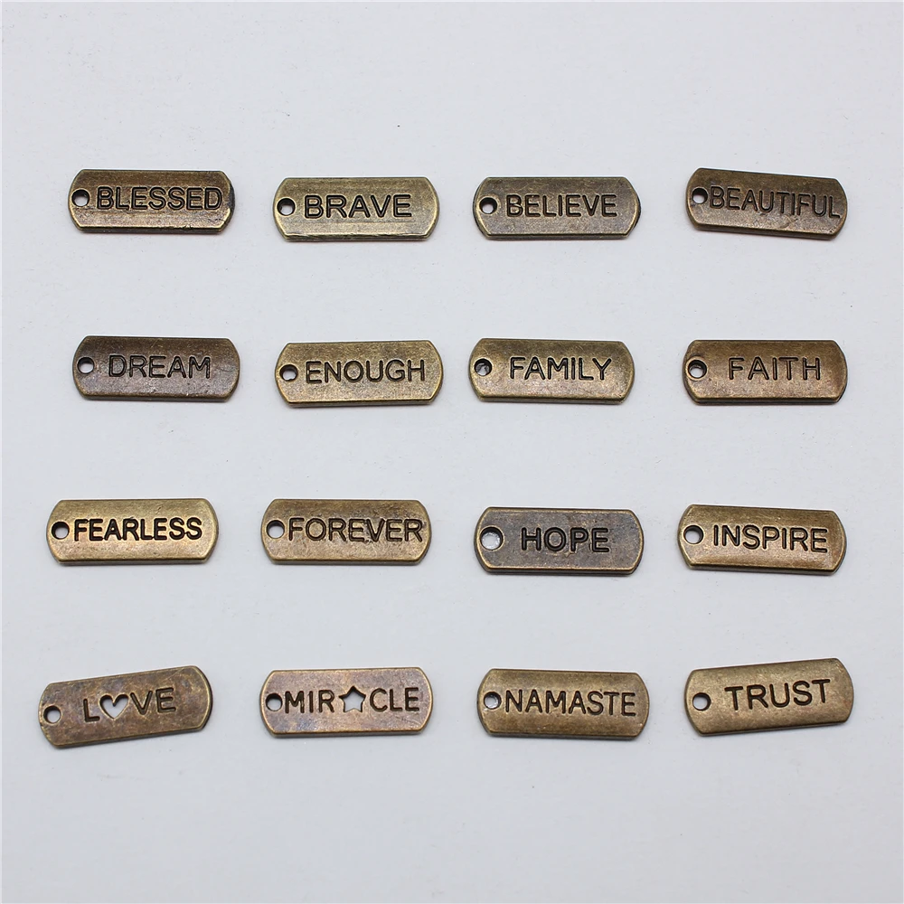 10pcs Antique Bronze Color Inspire Words LOVE HOPE FAITH BLESSED TRUST DREAM BRAVE FEARLESS Charms For Jewelry Making