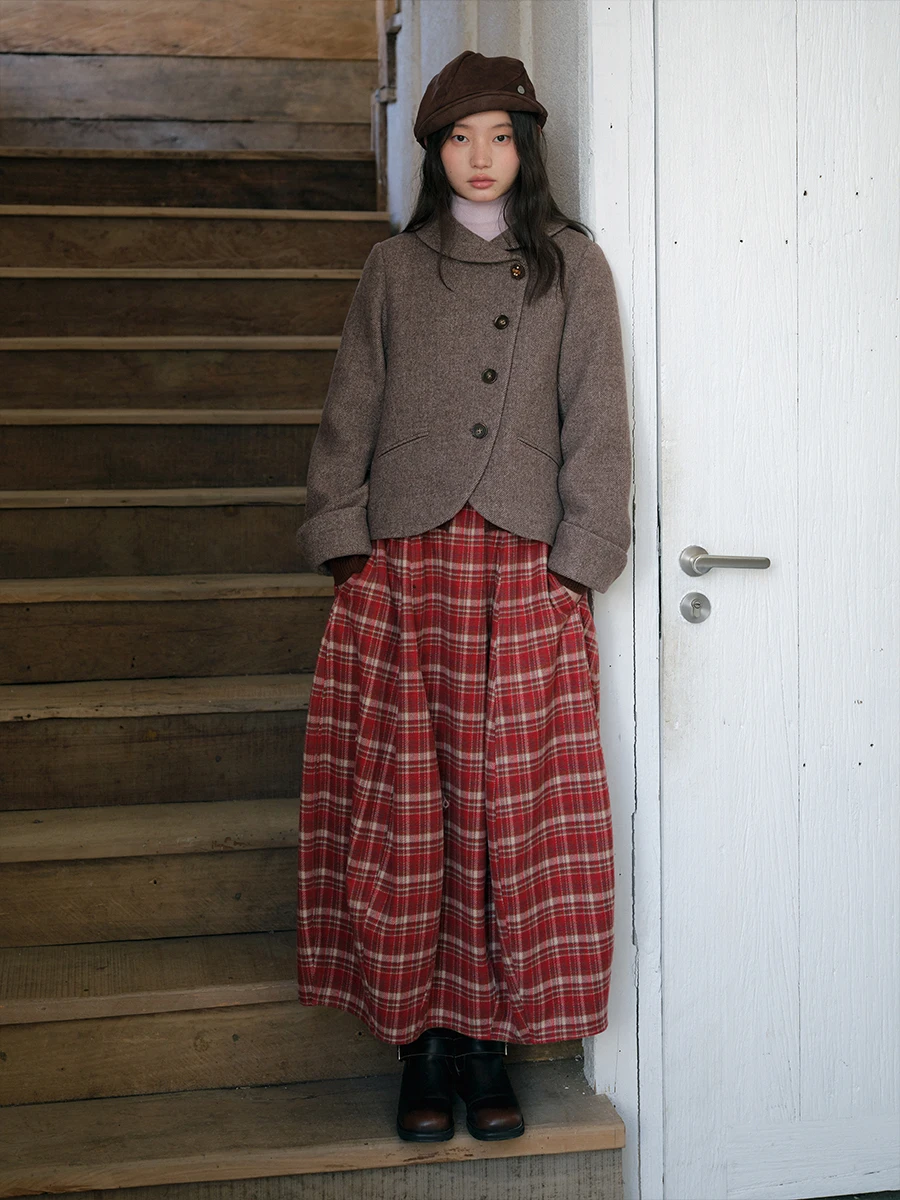 

Синяя юбка Blueerror Cisas в клетку с цветочным узором, шерстяная, средней длины, женская, теплая, длинная юбка для зимы, с завышенной талией, А-силуэт