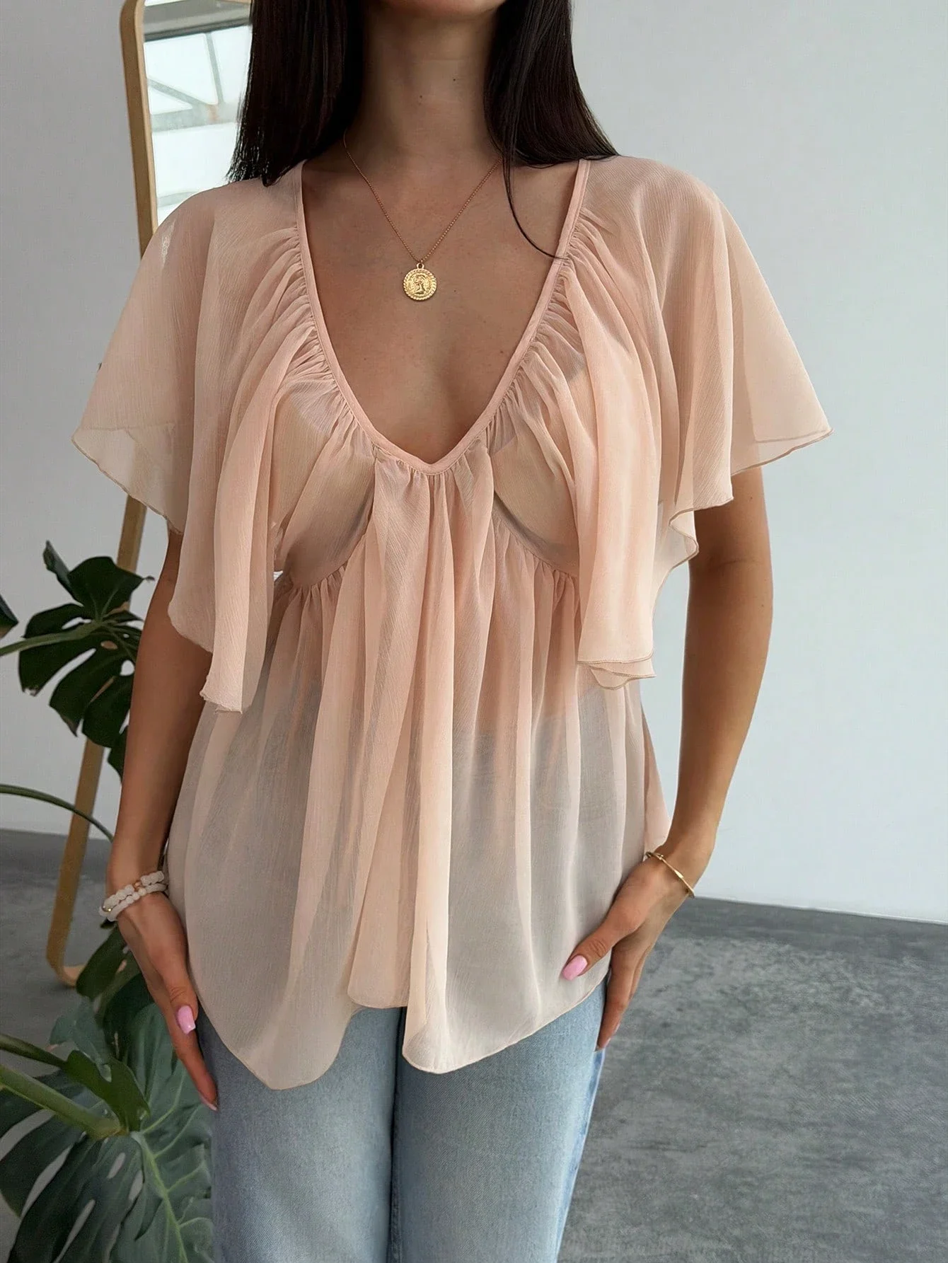 

Women's Deep V-Neck Ruffle Trim Chiffon Blouse