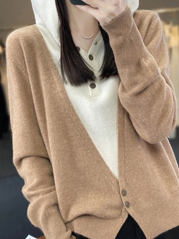 

Long-Sleeved Knitted Pullover, 100% Wool, Fake Two-Piece Hoodie, French Fashion, Loose Long-Sleeved Sweater, New Soft Design