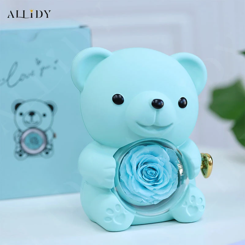 2024New Surprise Gift Ideas Real Preserved Eternal Rose Teddy Bear Necklace Ring Jewelry Box Christmas Valentine's Day Presents