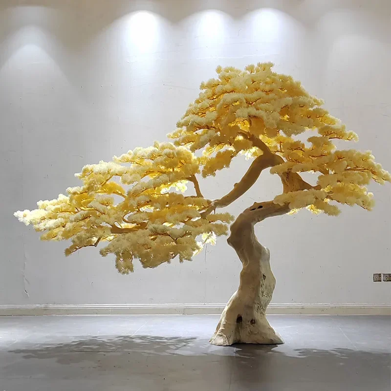 

A48 New Chinese Artificial Yellow Welcome Pine Large Old Root Carving Solid Wood Hotel Ornaments Landscape