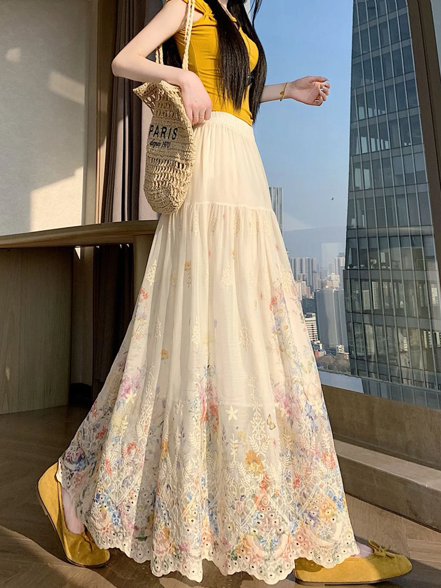 

French Style Floral Cake Half Skirt Women's Summer Lace Embroidery Hollow out A-Line Umbrella Skirt Breathable Skin-Friendly ...
