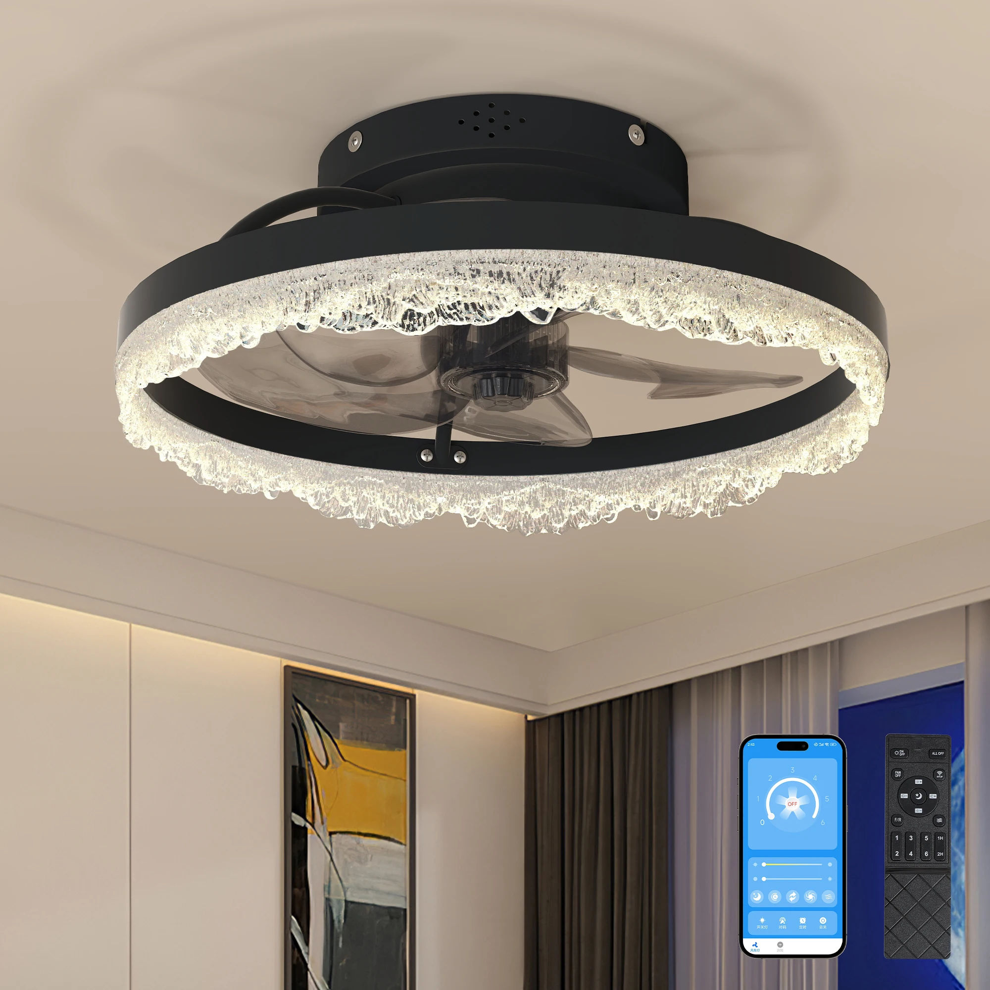 Ventilador de techo silencioso inteligente de 16" con luz: lámpara de ventilador LED de montaje empotrado acrílico con aspas ocultas y sistema de flujo de aire natural, diseñado